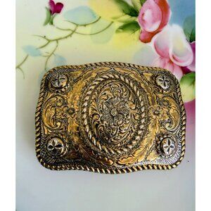 Vintage 80s Crumrine Belt Buckle 22K gold Over Sterling Silver Floral 89.9 grams